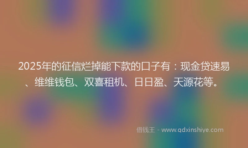 2025年的征信烂掉能下款的口子有：现金贷速易、维维钱包、双喜租机、日日盈、天源花等。