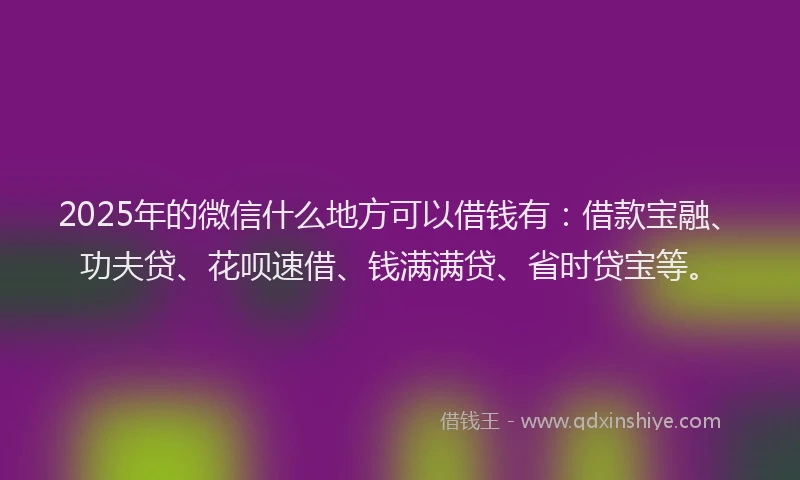 2025年的微信什么地方可以借钱有：借款宝融、功夫贷、花呗速借、钱满满贷、省时贷宝等。