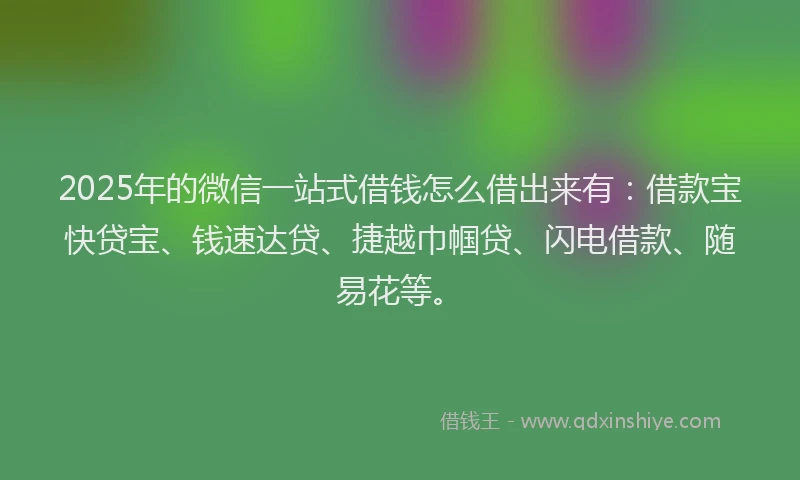 2025年的微信一站式借钱怎么借出来有：借款宝快贷宝、钱速达贷、捷越巾帼贷、闪电借款、随易花等。