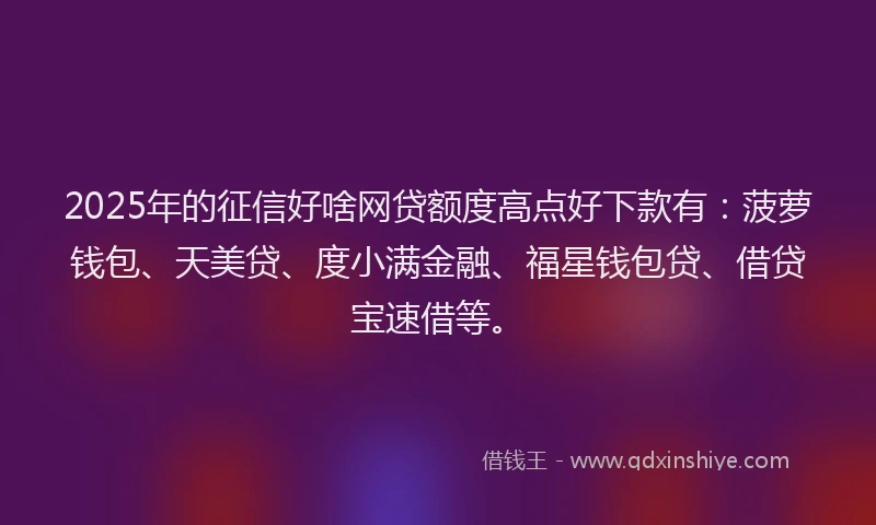 2025年的征信好啥网贷额度高点好下款有：菠萝钱包、天美贷、度小满金融、福星钱包贷、借贷宝速借等。