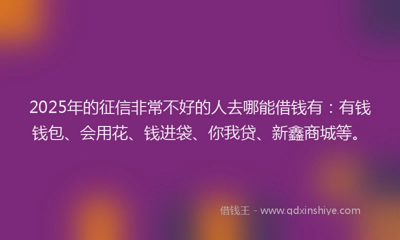 2025年的征信非常不好的人去哪能借钱有：有钱钱包、会用花、钱进袋、你我贷、新鑫商城等。