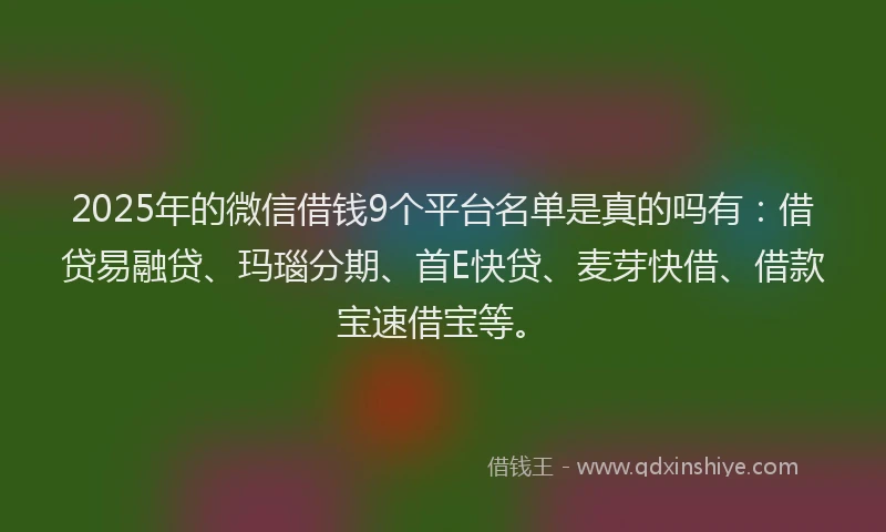 2025年的微信借钱9个平台名单是真的吗有：借贷易融贷、玛瑙分期、首E快贷、麦芽快借、借款宝速借宝等。