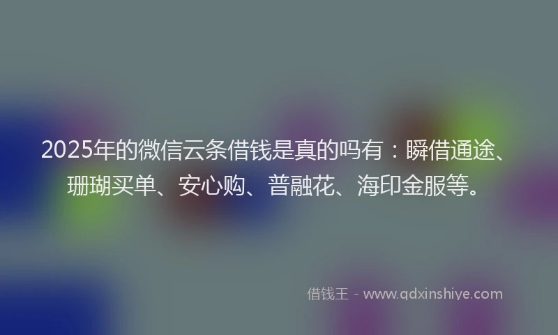 2025年的微信云条借钱是真的吗有：瞬借通途、珊瑚买单、安心购、普融花、海印金服等。