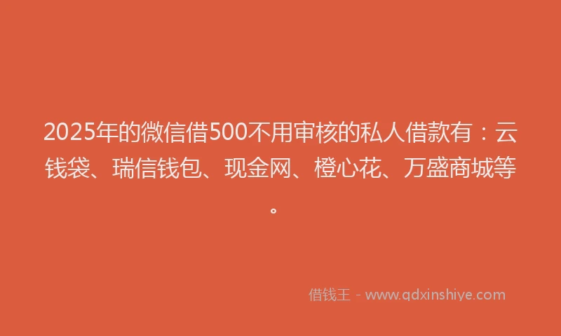 2025年的微信借500不用审核的私人借款有：云钱袋、瑞信钱包、现金网、橙心花、万盛商城等。