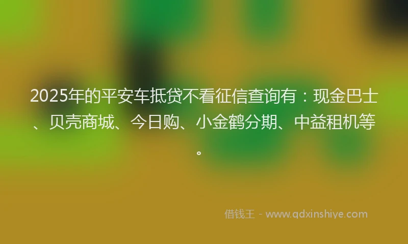 2025年的平安车抵贷不看征信查询有：现金巴士、贝壳商城、今日购、小金鹤分期、中益租机等。