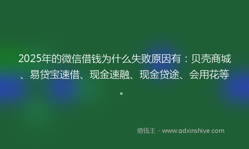 2025年的微信借钱为什么失败原因有：贝壳商城、易贷宝速借、现金速融、现金贷途、会用花等。