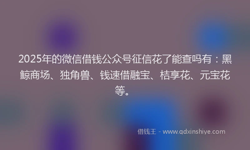 2025年的微信借钱公众号征信花了能查吗有：黑鲸商场、独角兽、钱速借融宝、桔享花、元宝花等。