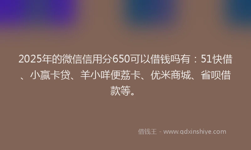 2025年的微信信用分650可以借钱吗有：51快借、小赢卡贷、羊小咩便荔卡、优米商城、省呗借款等。
