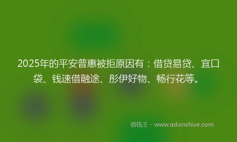 2025年的平安普惠被拒原因有：借贷易贷、宜口袋、钱速借融途、彤伊好物、畅行花等。