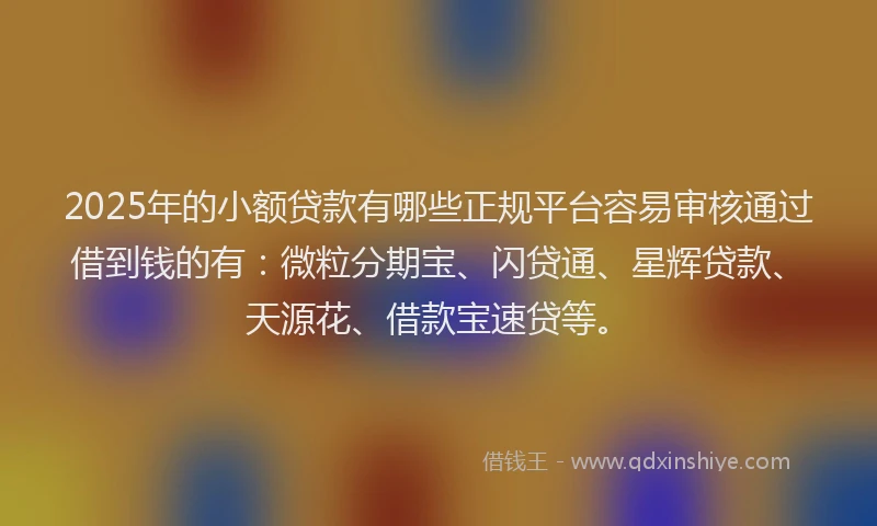 2025年的小额贷款有哪些正规平台容易审核通过借到钱的有：微粒分期宝、闪贷通、星辉贷款、天源花、借款宝速贷等。