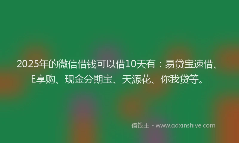 2025年的微信借钱可以借10天有：易贷宝速借、E享购、现金分期宝、天源花、你我贷等。