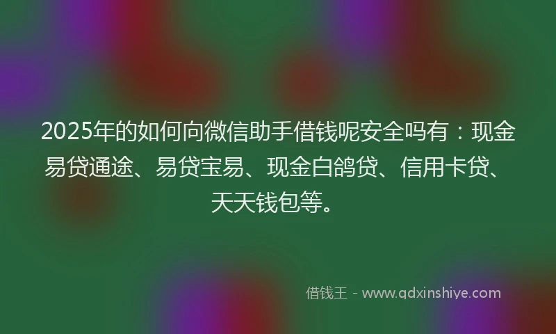 2025年的如何向微信助手借钱呢安全吗有：现金易贷通途、易贷宝易、现金白鸽贷、信用卡贷、天天钱包等。
