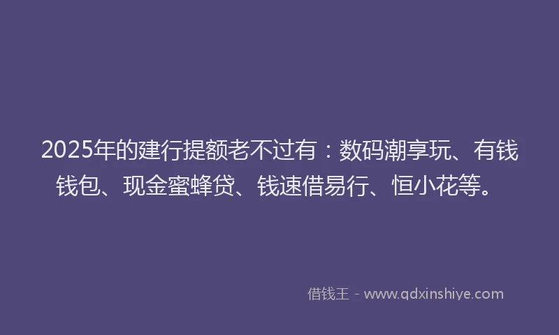 2025年的建行提额老不过有：数码潮享玩、有钱钱包、现金蜜蜂贷、钱速借易行、恒小花等。