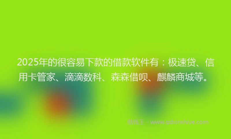 2025年的很容易下款的借款软件有：极速贷、信用卡管家、滴滴数科、森森借呗、麒麟商城等。