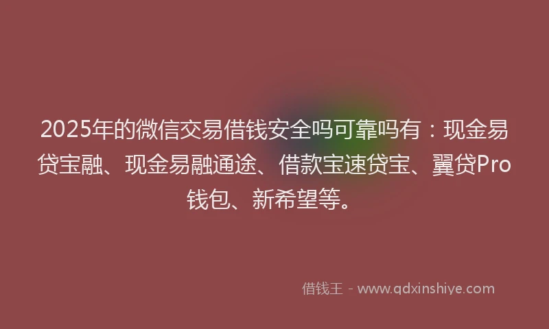 2025年的微信交易借钱安全吗可靠吗有：现金易贷宝融、现金易融通途、借款宝速贷宝、翼贷Pro钱包、新希望等。