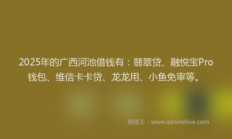 2025年的广西河池借钱有：翡翠贷、融悦宝Pro钱包、维信卡卡贷、龙龙用、小鱼免审等。
