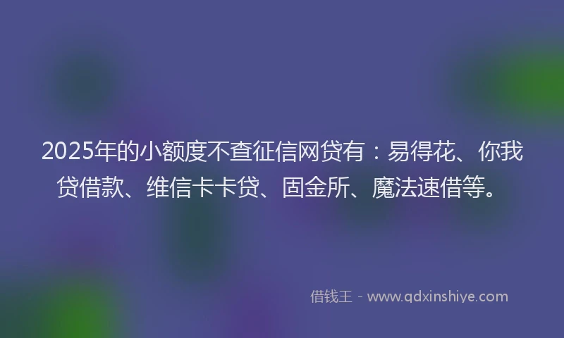 2025年的小额度不查征信网贷有：易得花、你我贷借款、维信卡卡贷、固金所、魔法速借等。