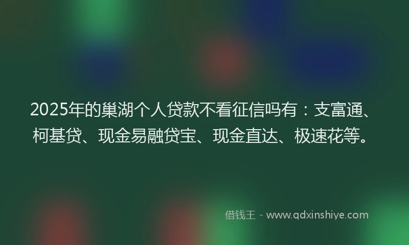 2025年的巢湖个人贷款不看征信吗有：支富通、柯基贷、现金易融贷宝、现金直达、极速花等。