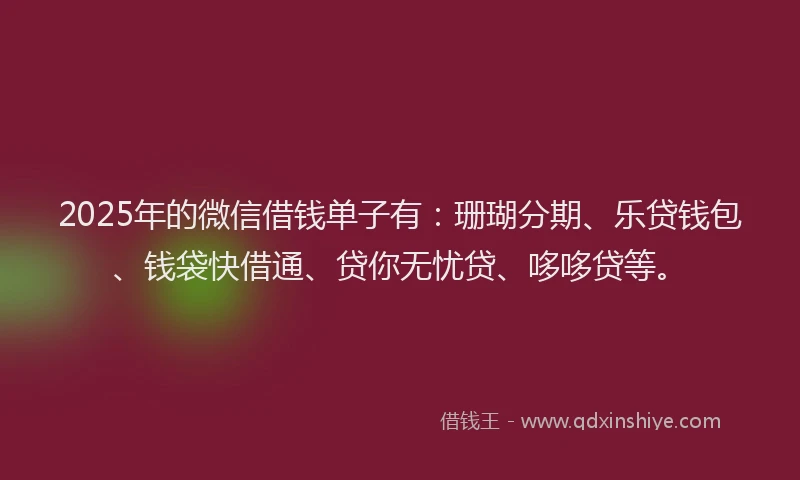 2025年的微信借钱单子有：珊瑚分期、乐贷钱包、钱袋快借通、贷你无忧贷、哆哆贷等。