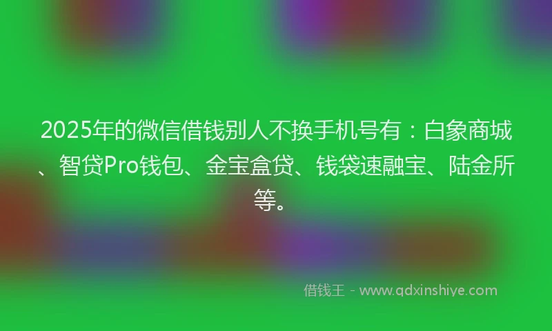 2025年的微信借钱别人不换手机号有：白象商城、智贷Pro钱包、金宝盒贷、钱袋速融宝、陆金所等。