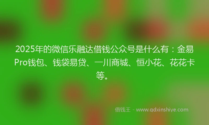 2025年的微信乐融达借钱公众号是什么有：金易Pro钱包、钱袋易贷、一川商城、恒小花、花花卡等。