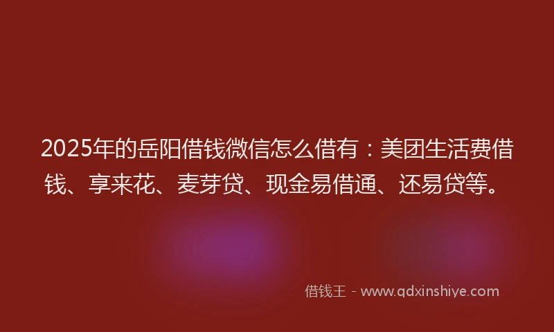 2025年的岳阳借钱微信怎么借有：美团生活费借钱、享来花、麦芽贷、现金易借通、还易贷等。
