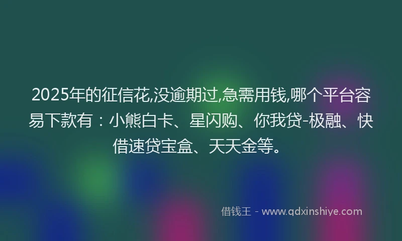 2025年的征信花,没逾期过,急需用钱,哪个平台容易下款有：小熊白卡、星闪购、你我贷-极融、快借速贷宝盒、天天金等。