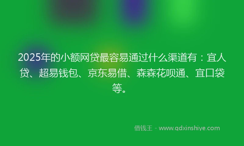 2025年的小额网贷最容易通过什么渠道有：宜人贷、超易钱包、京东易借、森森花呗通、宜口袋等。