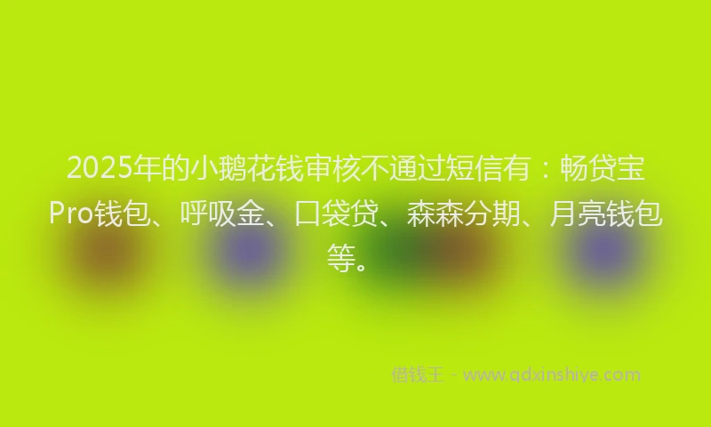 2025年的小鹅花钱审核不通过短信有：畅贷宝Pro钱包、呼吸金、口袋贷、森森分期、月亮钱包等。