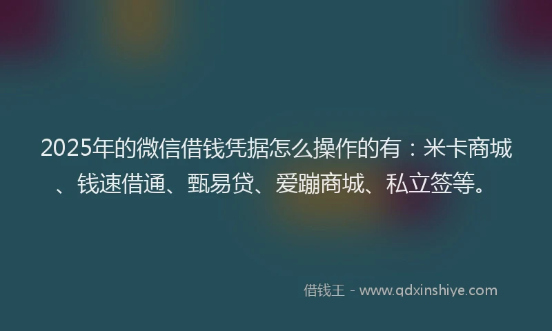 2025年的微信借钱凭据怎么操作的有：米卡商城、钱速借通、甄易贷、爱蹦商城、私立签等。