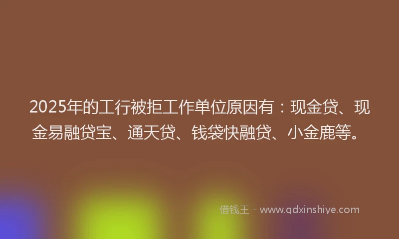 2025年的工行被拒工作单位原因有：现金贷、现金易融贷宝、通天贷、钱袋快融贷、小金鹿等。