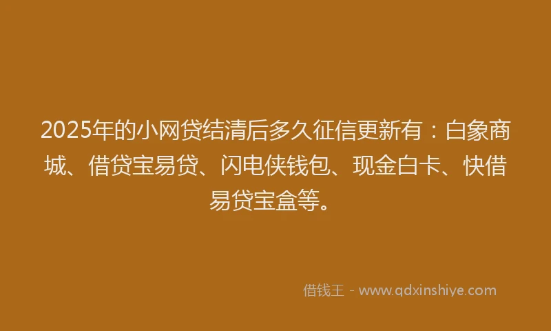 2025年的小网贷结清后多久征信更新有：白象商城、借贷宝易贷、闪电侠钱包、现金白卡、快借易贷宝盒等。