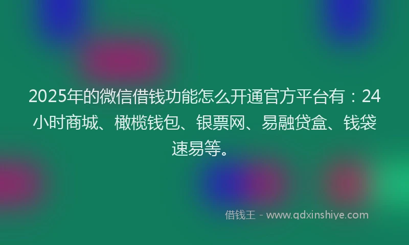 2025年的微信借钱功能怎么开通官方平台有：24小时商城、橄榄钱包、银票网、易融贷盒、钱袋速易等。
