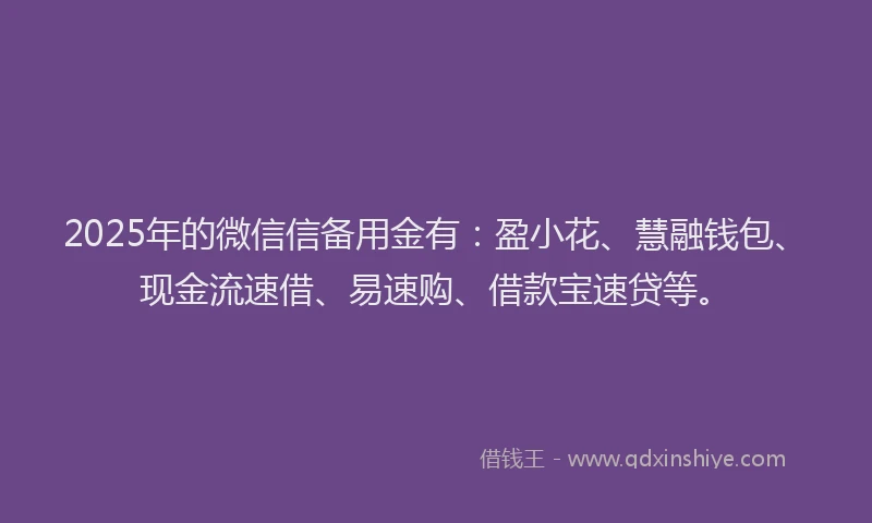 2025年的微信信备用金有：盈小花、慧融钱包、现金流速借、易速购、借款宝速贷等。