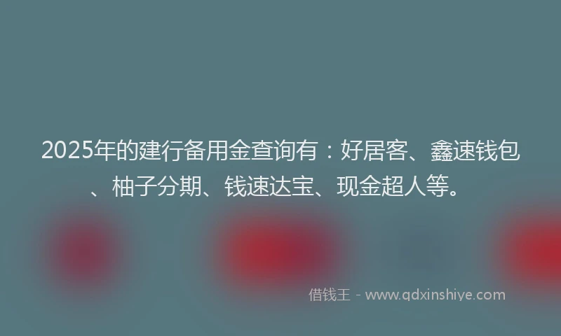 2025年的建行备用金查询有：好居客、鑫速钱包、柚子分期、钱速达宝、现金超人等。