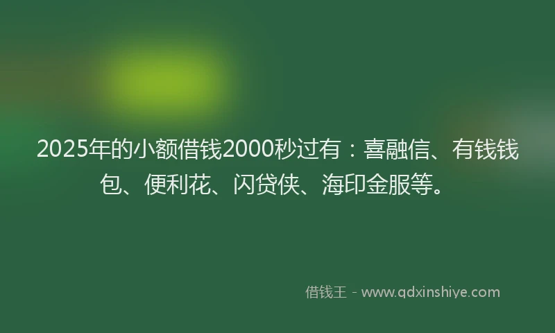 2025年的小额借钱2000秒过有：喜融信、有钱钱包、便利花、闪贷侠、海印金服等。