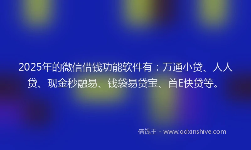 2025年的微信借钱功能软件有：万通小贷、人人贷、现金秒融易、钱袋易贷宝、首E快贷等。