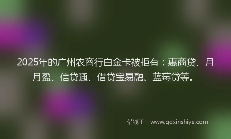 2025年的广州农商行白金卡被拒有：惠商贷、月月盈、信贷通、借贷宝易融、蓝莓贷等。