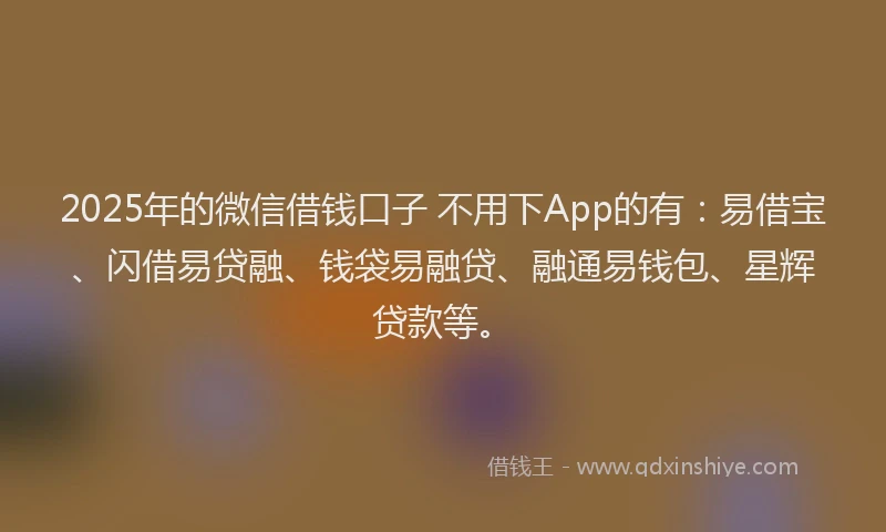 2025年的微信借钱口子 不用下App的有：易借宝、闪借易贷融、钱袋易融贷、融通易钱包、星辉贷款等。