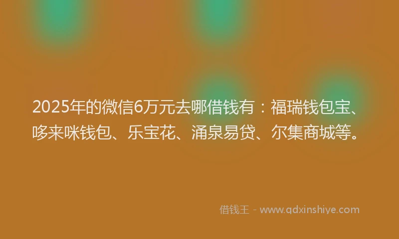 2025年的微信6万元去哪借钱有：福瑞钱包宝、哆来咪钱包、乐宝花、涌泉易贷、尔集商城等。