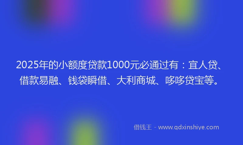 2025年的小额度贷款1000元必通过有：宜人贷、借款易融、钱袋瞬借、大利商城、哆哆贷宝等。