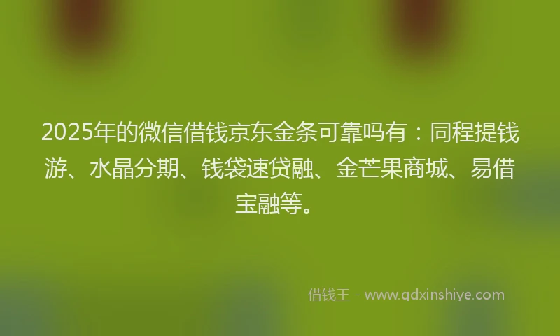 2025年的微信借钱京东金条可靠吗有：同程提钱游、水晶分期、钱袋速贷融、金芒果商城、易借宝融等。