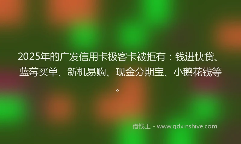 2025年的广发信用卡极客卡被拒有：钱进快贷、蓝莓买单、新机易购、现金分期宝、小鹅花钱等。