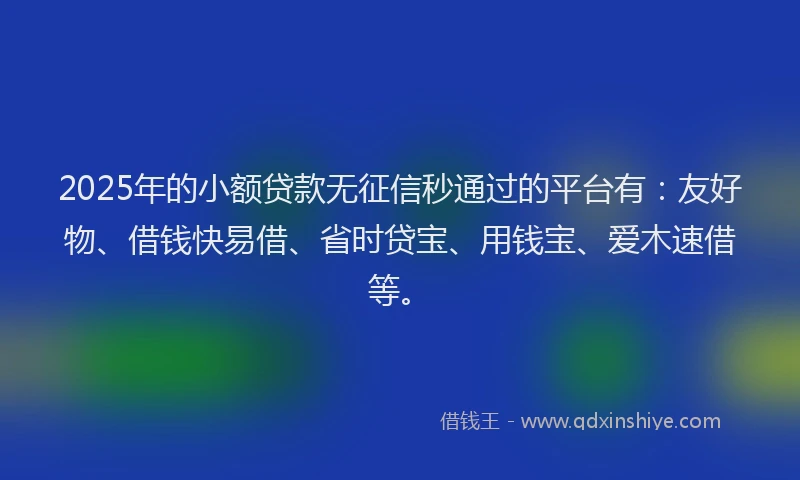 2025年的小额贷款无征信秒通过的平台有：友好物、借钱快易借、省时贷宝、用钱宝、爱木速借等。