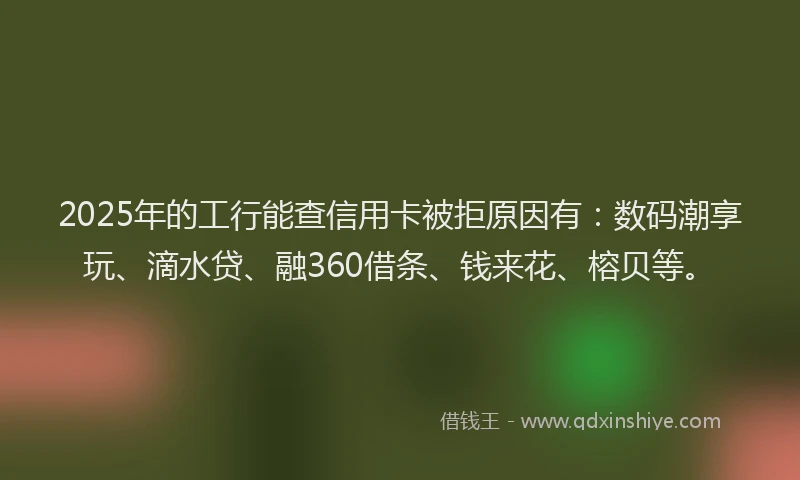 2025年的工行能查信用卡被拒原因有：数码潮享玩、滴水贷、融360借条、钱来花、榕贝等。