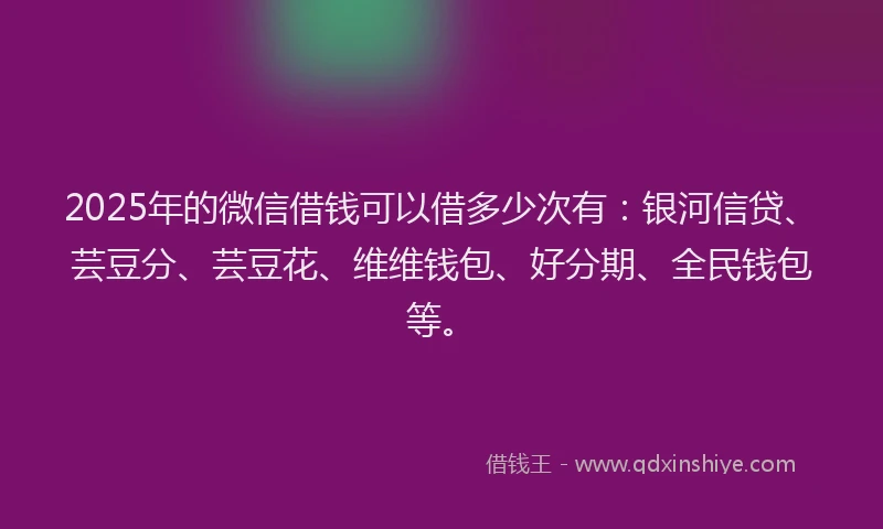 2025年的微信借钱可以借多少次有：银河信贷、芸豆分、芸豆花、维维钱包、好分期、全民钱包等。