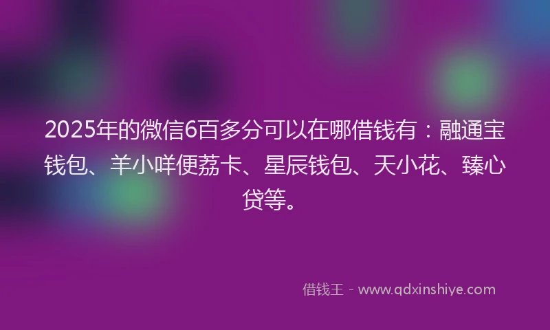 2025年的微信6百多分可以在哪借钱有：融通宝钱包、羊小咩便荔卡、星辰钱包、天小花、臻心贷等。
