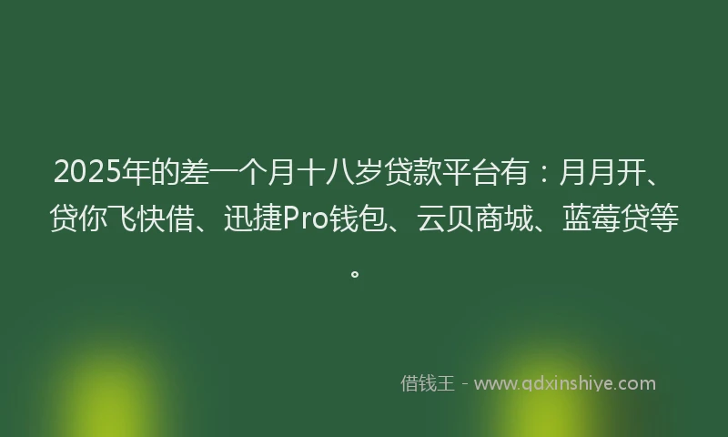 2025年的差一个月十八岁贷款平台有：月月开、贷你飞快借、迅捷Pro钱包、云贝商城、蓝莓贷等。