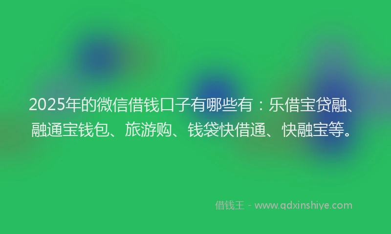 2025年的微信借钱口子有哪些有：乐借宝贷融、融通宝钱包、旅游购、钱袋快借通、快融宝等。