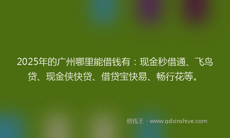 2025年的广州哪里能借钱有：现金秒借通、飞鸟贷、现金侠快贷、借贷宝快易、畅行花等。